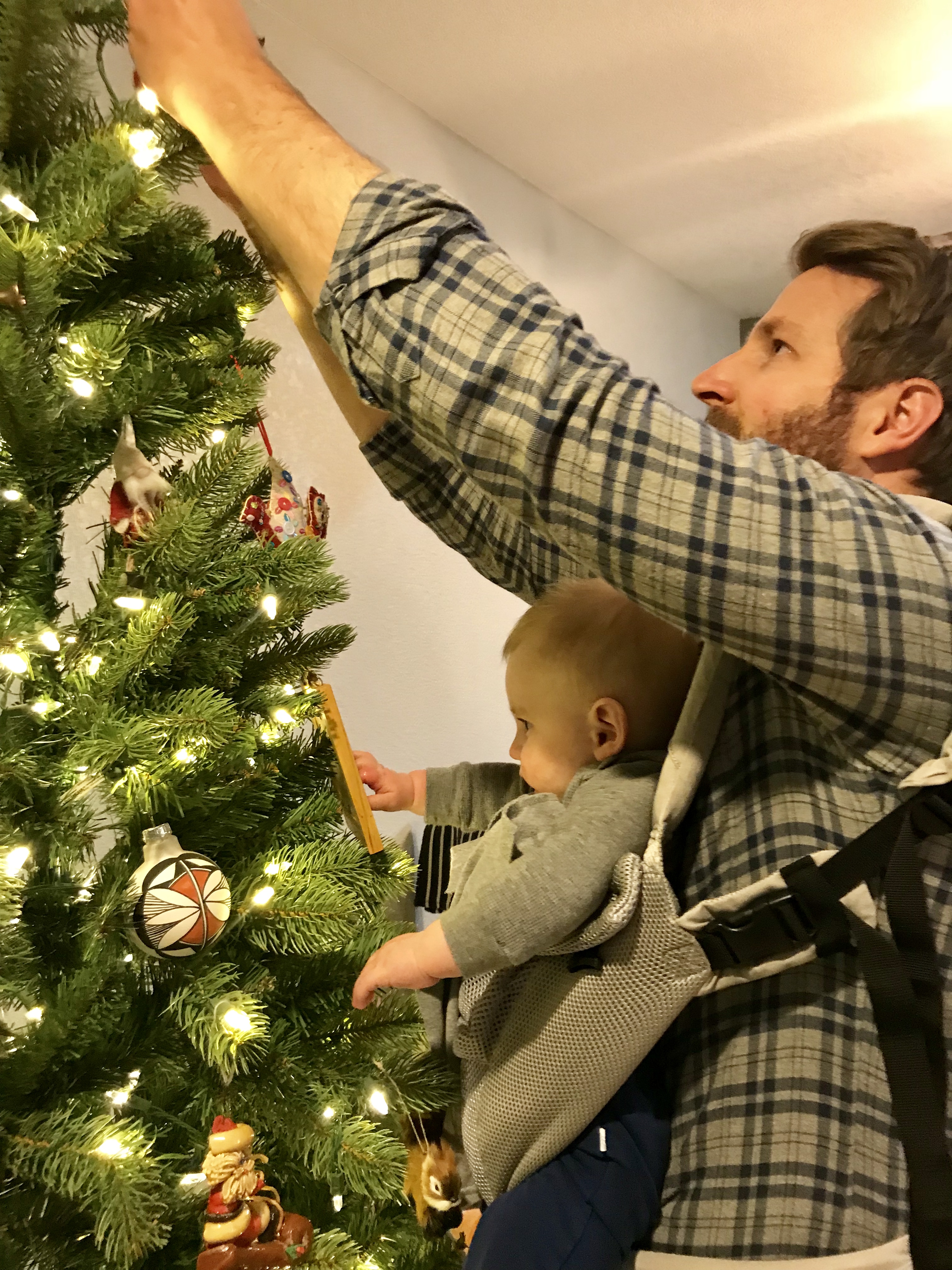 Owen and Jeff decorate the Christmas tree