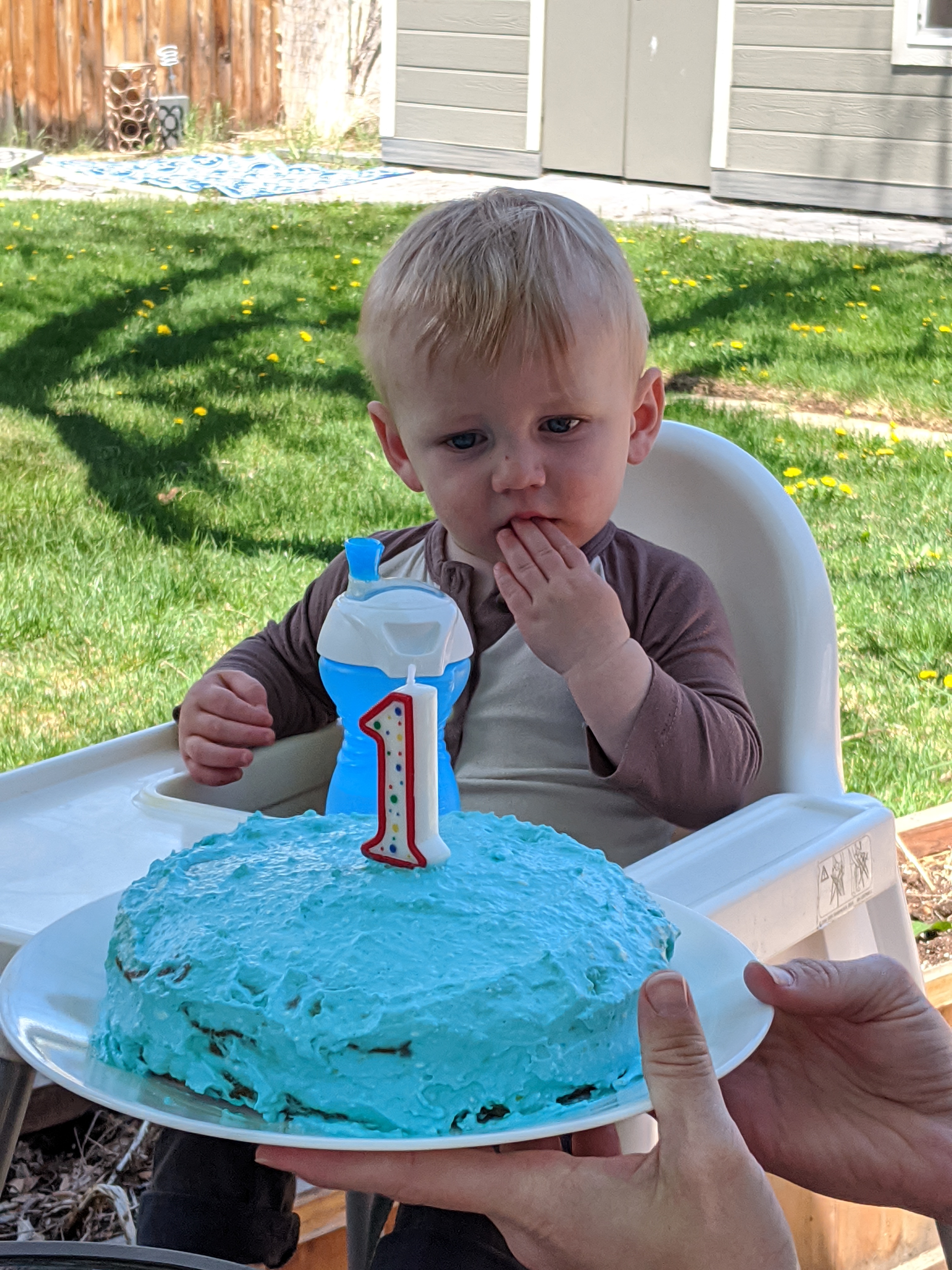 Owen eats cake on his birthday.