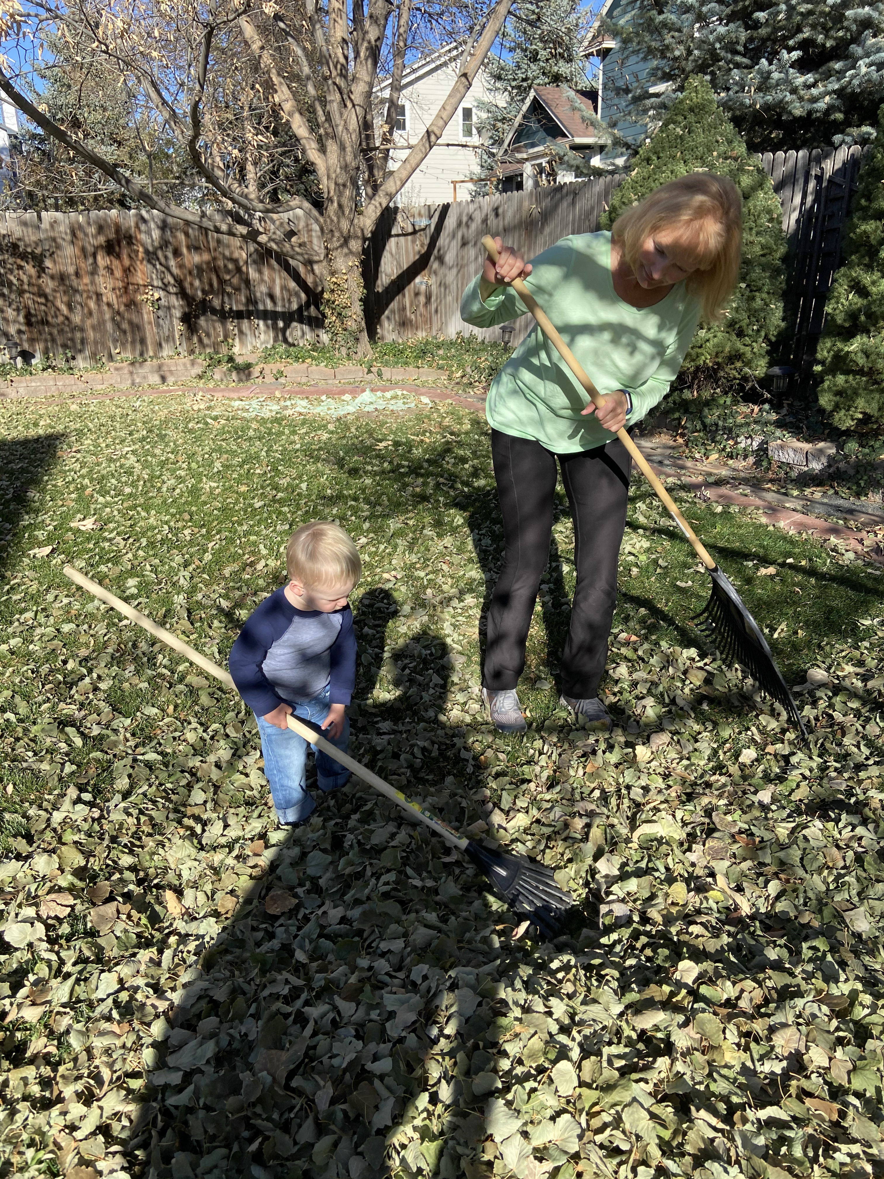 Owen raking leaves with Grandma Vickie.